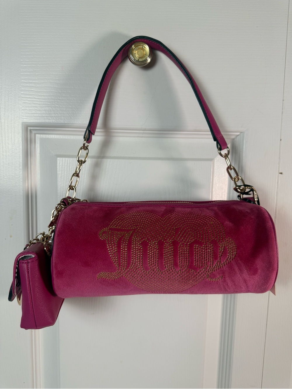 Juicy Couture Hot Pink Velvet Barrel Shoulder Bag with Gold Accents